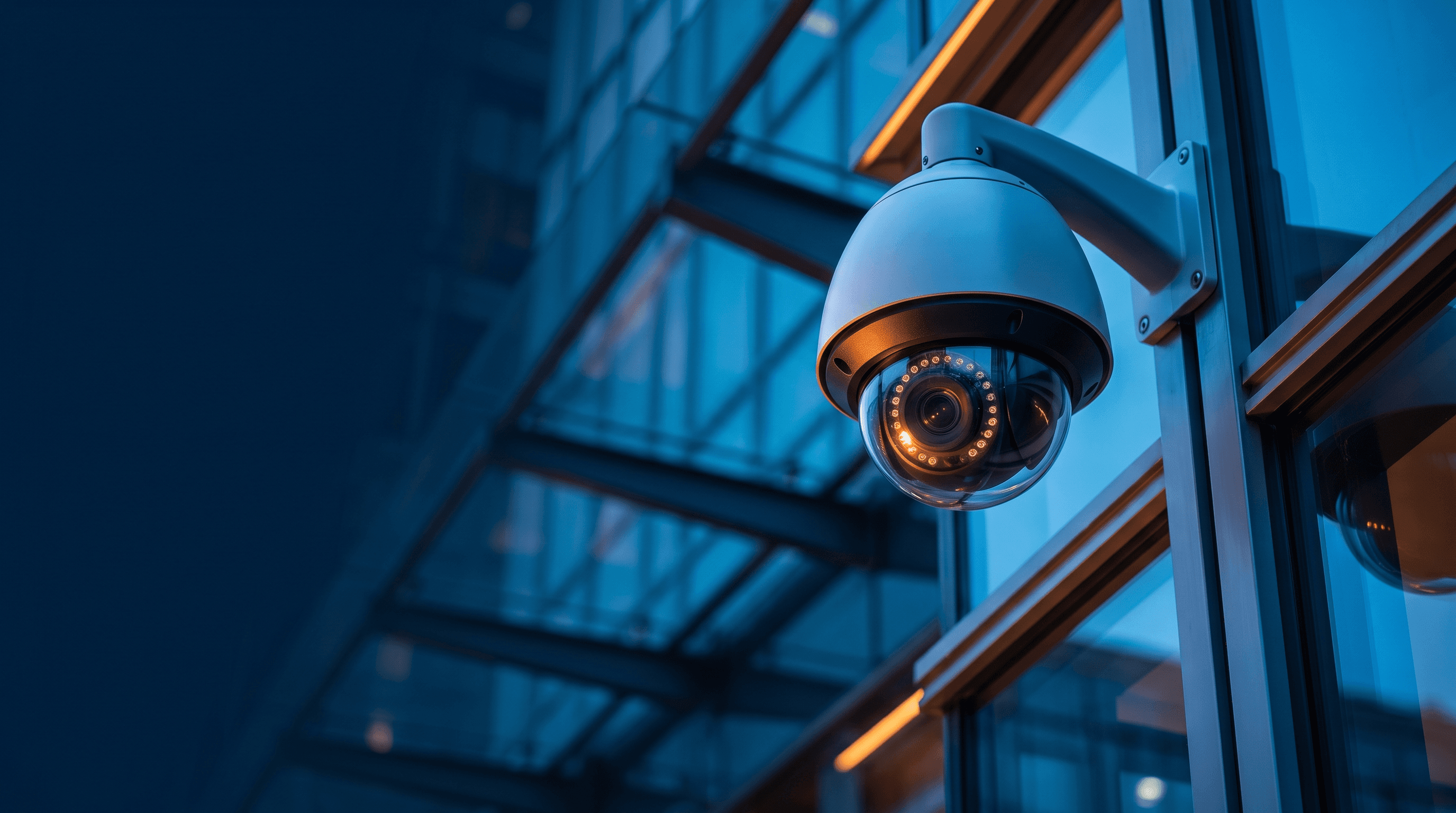 Caméra de vidéosurveillance professionnelle montée en façade d'immeuble de bureaux